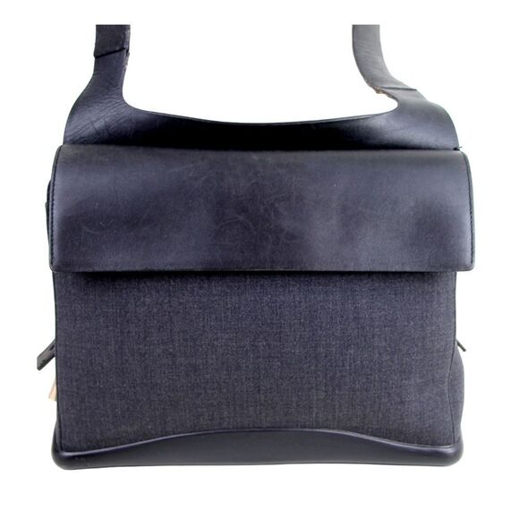 PRADA BLACK GENUINE LEATHER GRAY FABRIC FLAP X-BODY SHOULDER BAG HANDBAG PURSE - Picture 1 of 16